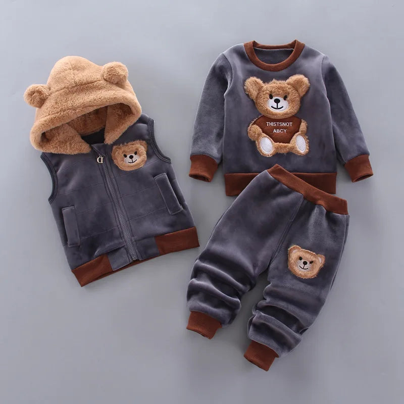 Baby Kids 3-Piece Fleece Outfit – Hooded Coat, Top & Pants Set (12M–4T)