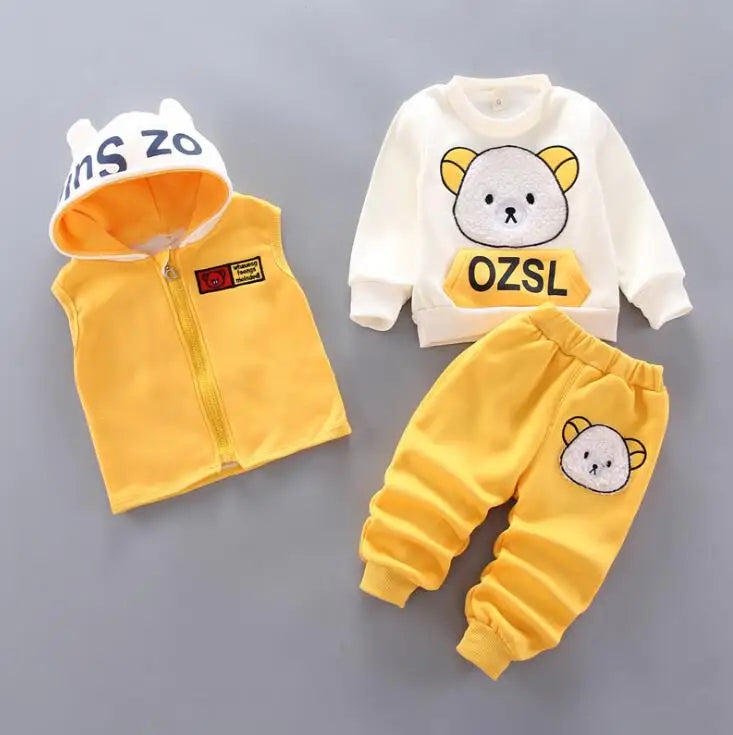 Baby Kids 3-Piece Fleece Outfit – Hooded Coat, Top & Pants Set (12M–4T)