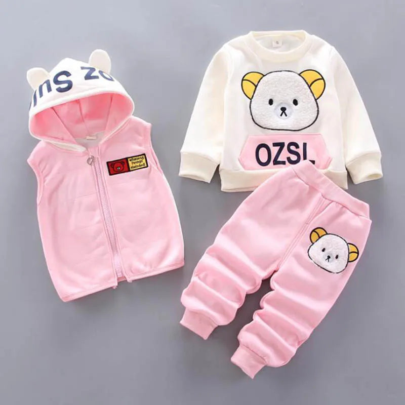 Baby Kids 3-Piece Fleece Outfit – Hooded Coat, Top & Pants Set (12M–4T)