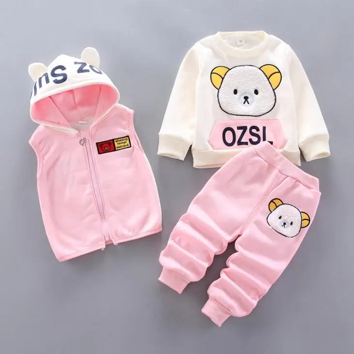 Baby Kids 3-Piece Fleece Outfit – Hooded Coat, Top & Pants Set (12M–4T)
