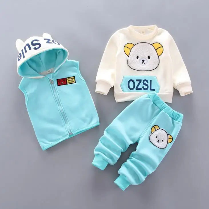 Baby Kids 3-Piece Fleece Outfit – Hooded Coat, Top & Pants Set (12M–4T)