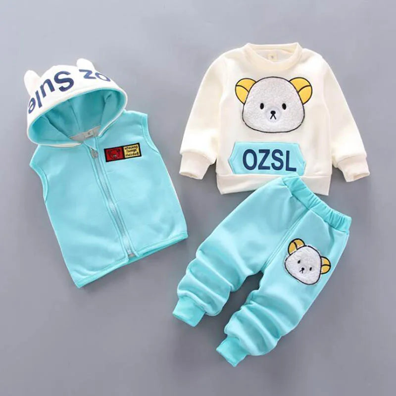 Baby Kids 3-Piece Fleece Outfit – Hooded Coat, Top & Pants Set (12M–4T)