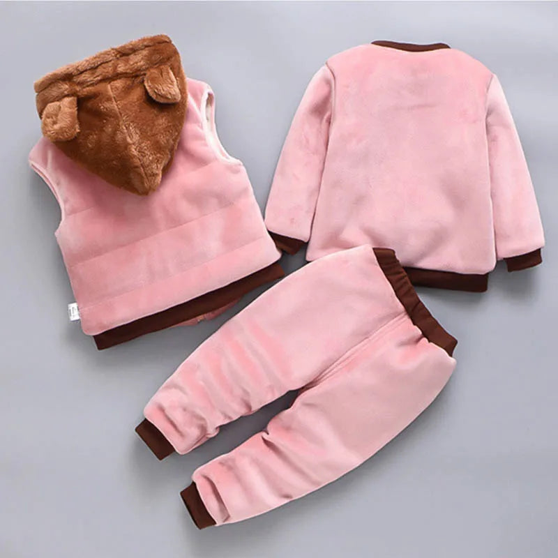 Baby Kids 3-Piece Fleece Outfit – Hooded Coat, Top & Pants Set (12M–4T)