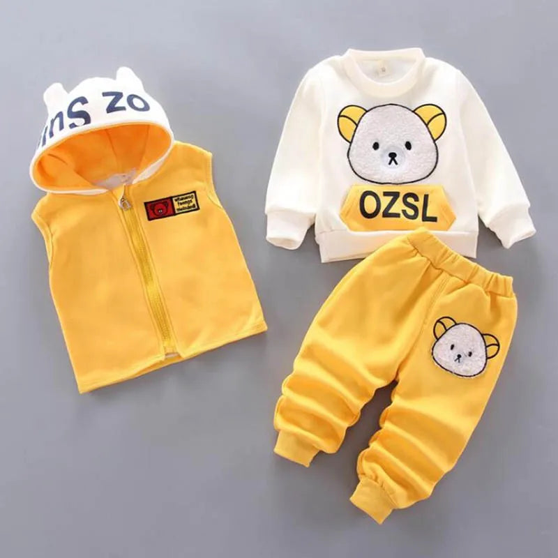 Baby Kids 3-Piece Fleece Outfit – Hooded Coat, Top & Pants Set (12M–4T)