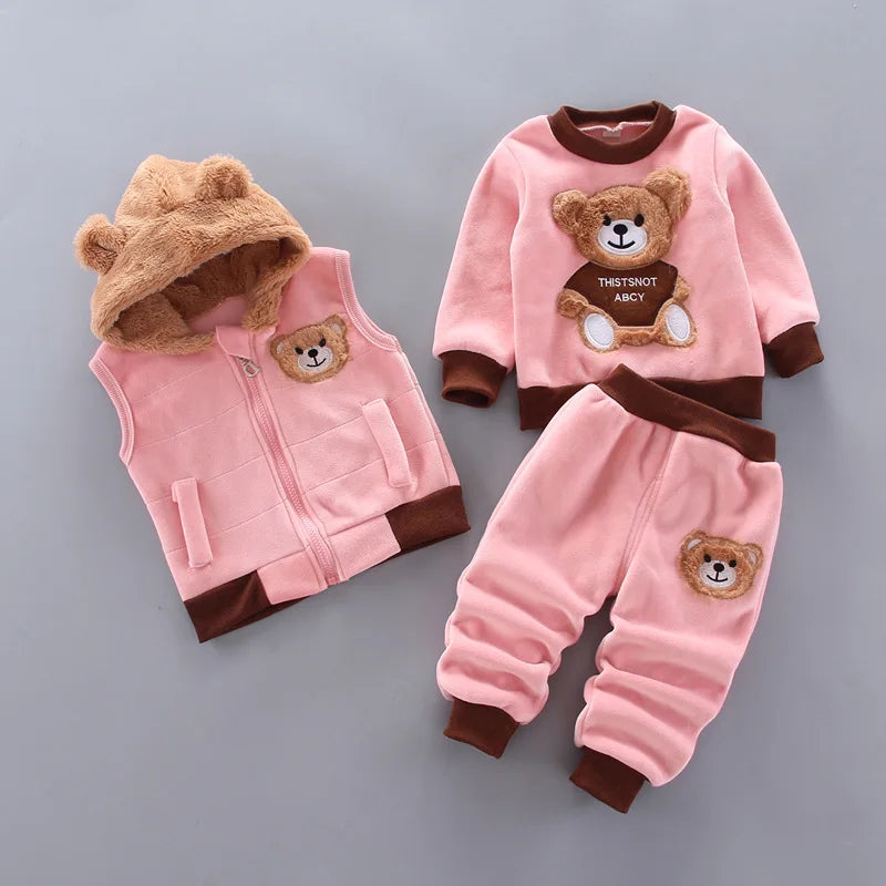 Baby Kids 3-Piece Fleece Outfit – Hooded Coat, Top & Pants Set (12M–4T)