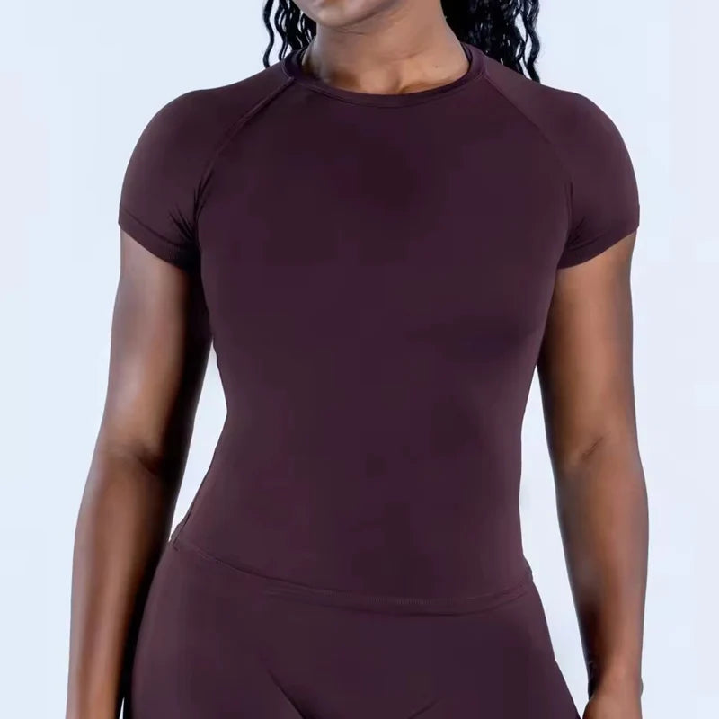 No Logo Short Sleeve Yoga Top Round Neck Seamless Gym Shirt for Woman High Stretch Sports Running T Shirts Workout Clothes