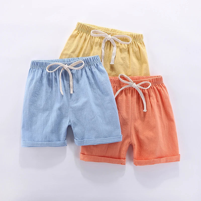 Kids' Beach Shorts – Candy Color Cotton Linen, Breathable Unisex (100–160cm)