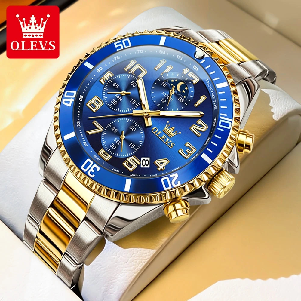 OLEVS 2926 Men's Watch Luxury Brand Gold Waterproof Calendar Moon Phase Chronograph Top Fashion Stainless Steel Men Quartz Watch
