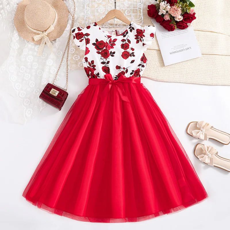 Girls' Formal Rose Floral Tulle Dress – Ruffled Sleeves with Belt (8–12Y)