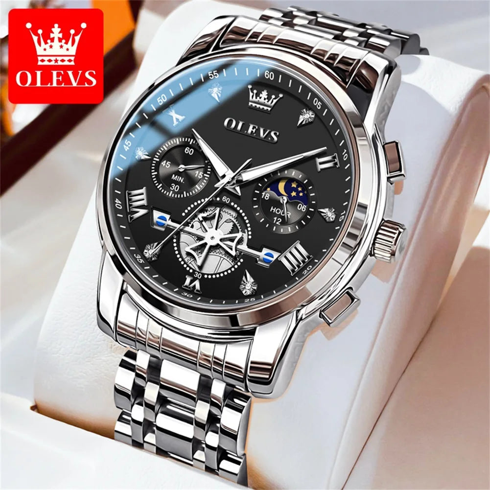 OLEVS 2856 Quartz Watches for Men Fashion Flywheel Design Chronograph Waterproof Luminous Calendar Moon Phase Men's Wristwatches