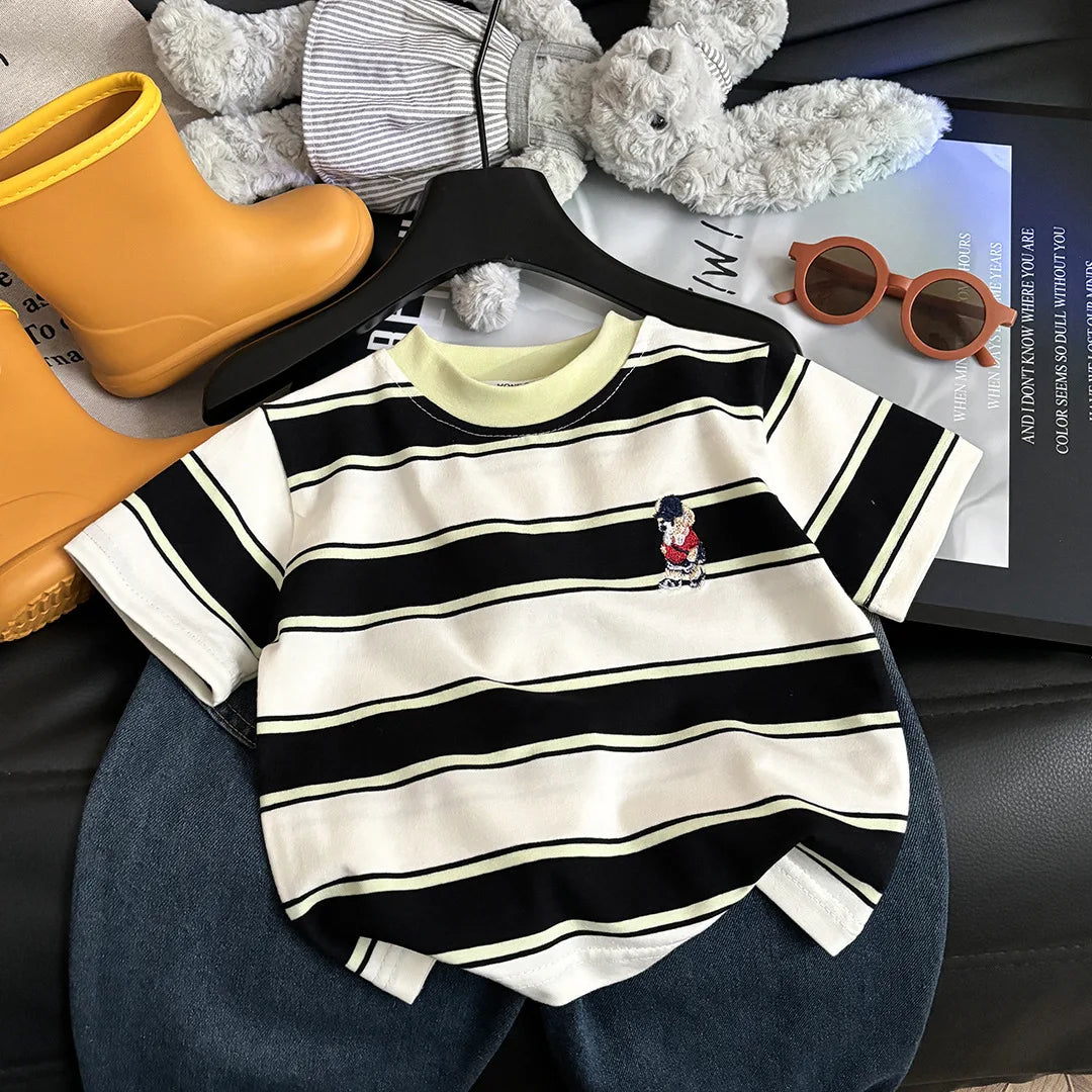 Summer Cotton Children Stripe Short Sleeve T-shirt For Boys and Girls Vintage Fashion Tops