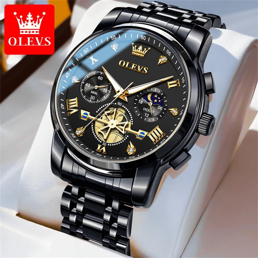 OLEVS 2856 Quartz Watches for Men Fashion Flywheel Design Chronograph Waterproof Luminous Calendar Moon Phase Men's Wristwatches