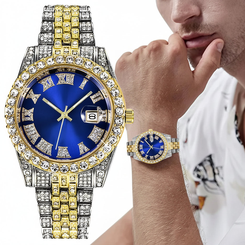 Luxury Hip Hop Stainless Steel Gold Color Calendar Watch For Men Iced Out Paved Rhinestones Men Watch Reloj Hombre