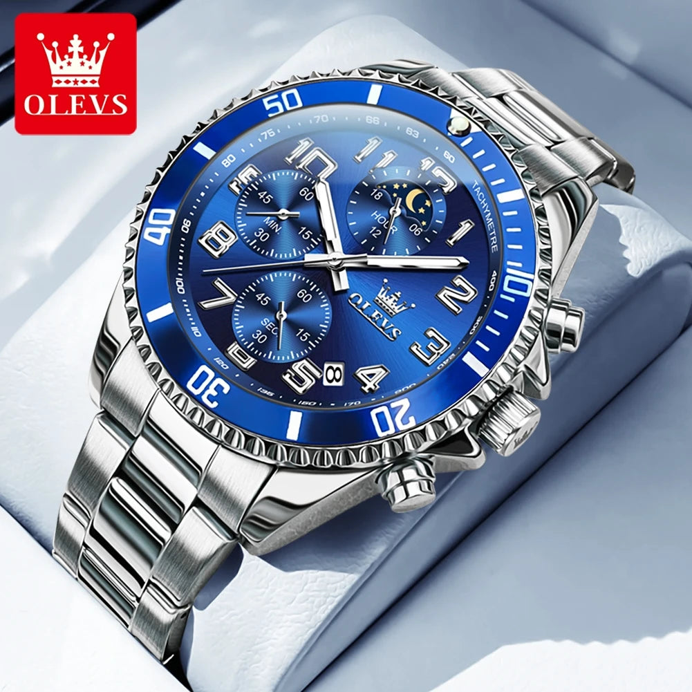 OLEVS 2926 Men's Watch Luxury Brand Gold Waterproof Calendar Moon Phase Chronograph Top Fashion Stainless Steel Men Quartz Watch