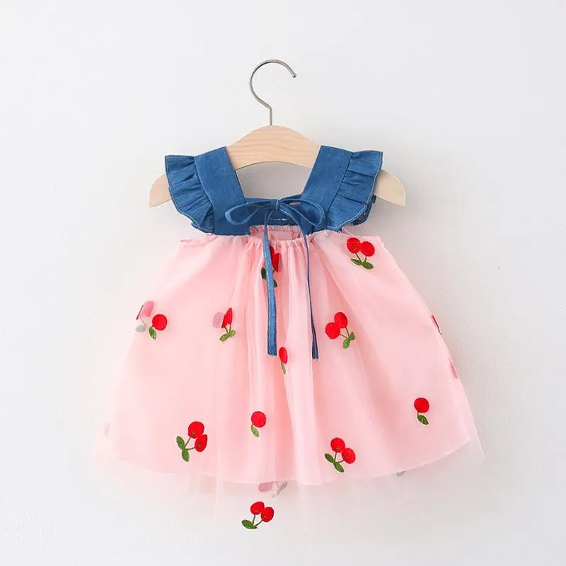 Baby Girl Lace Cherry Dress – Puff Sleeve Flower Girl Wedding Dress