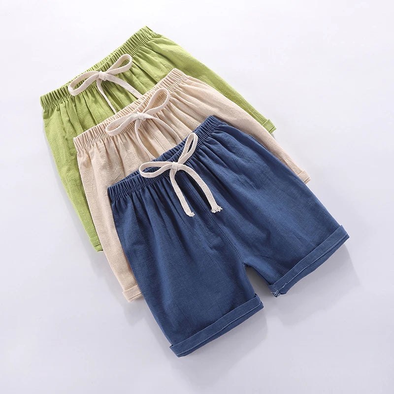 Kids' Beach Shorts – Candy Color Cotton Linen, Breathable Unisex (100–160cm)