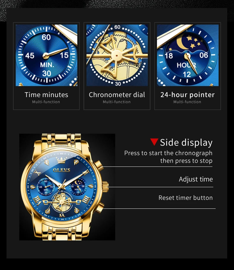 OLEVS 2856 Quartz Watches for Men Fashion Flywheel Design Chronograph Waterproof Luminous Calendar Moon Phase Men's Wristwatches