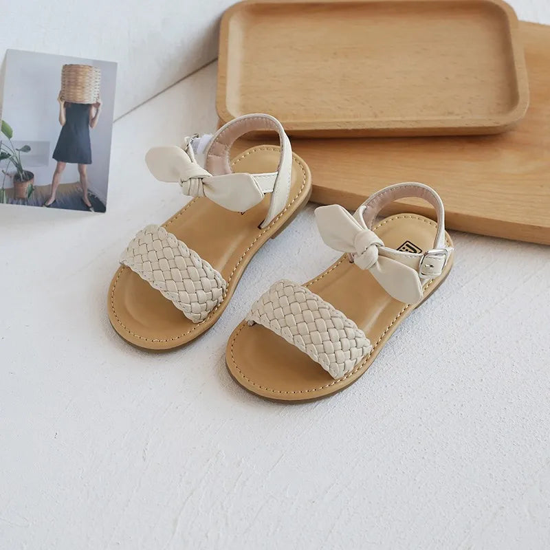 Girls' Bowtie Flat Sandals – Bohemia Style Open Toe Non-Slip Kids Flats (EU 21–30)