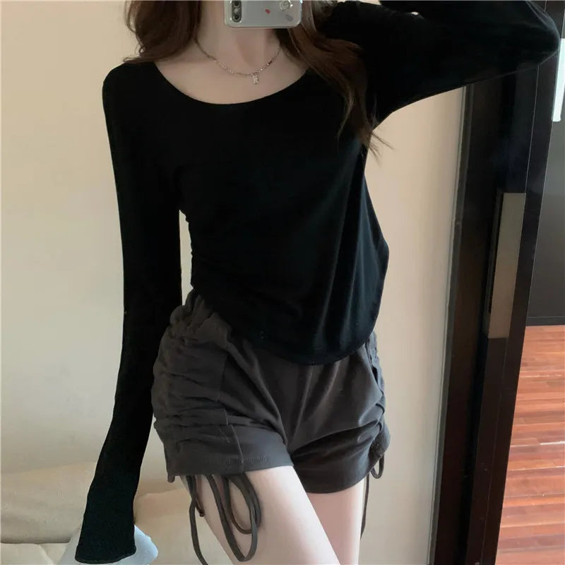 Women’s Elegant Slim T‑Shirt – Irregular Long Sleeve, Thin Section, Short Top