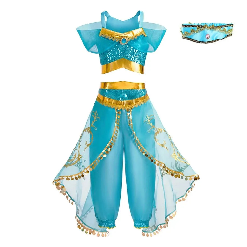 Girls' Jasmine Arabian Princess Costume – Sequin Dress for Halloween & Carnival (Sizes 100–150)