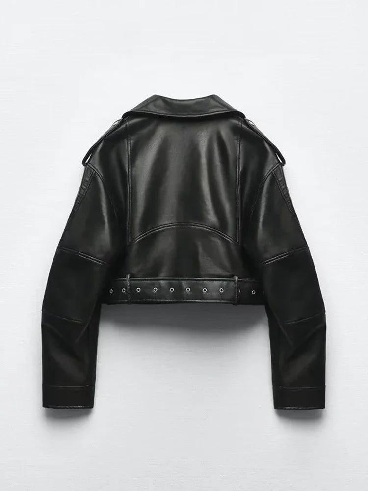 Women’s Oversized PU Leather Jacket – Vintage Loose Fit, Belted Moto Biker Style