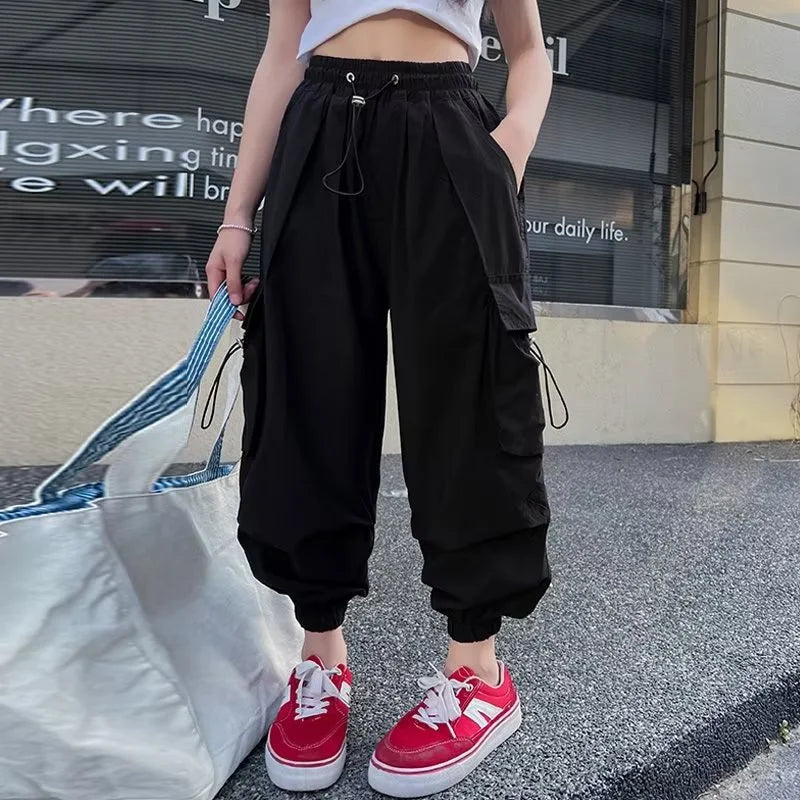 Girls' Cargo Jogger Pants – Loose Straight Streetwear Trousers with Pockets (Ages 5–14)