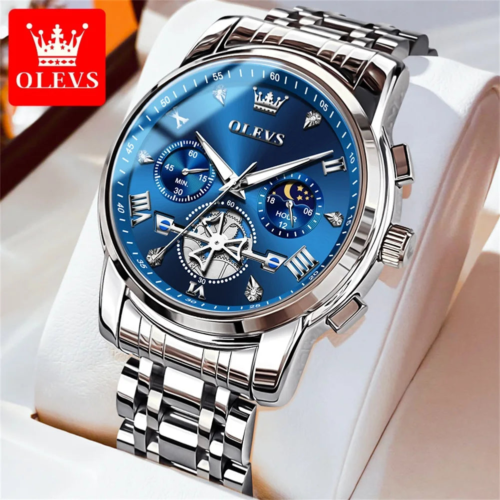 OLEVS 2856 Quartz Watches for Men Fashion Flywheel Design Chronograph Waterproof Luminous Calendar Moon Phase Men's Wristwatches