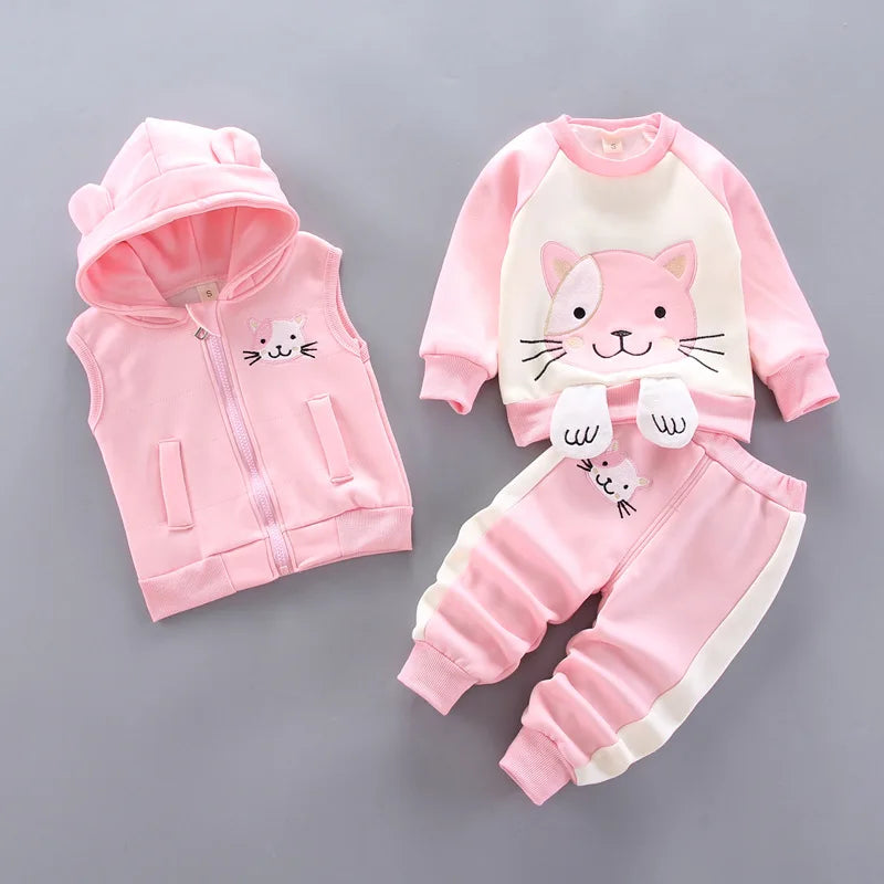 Baby Kids 3-Piece Fleece Outfit – Hooded Coat, Top & Pants Set (12M–4T)