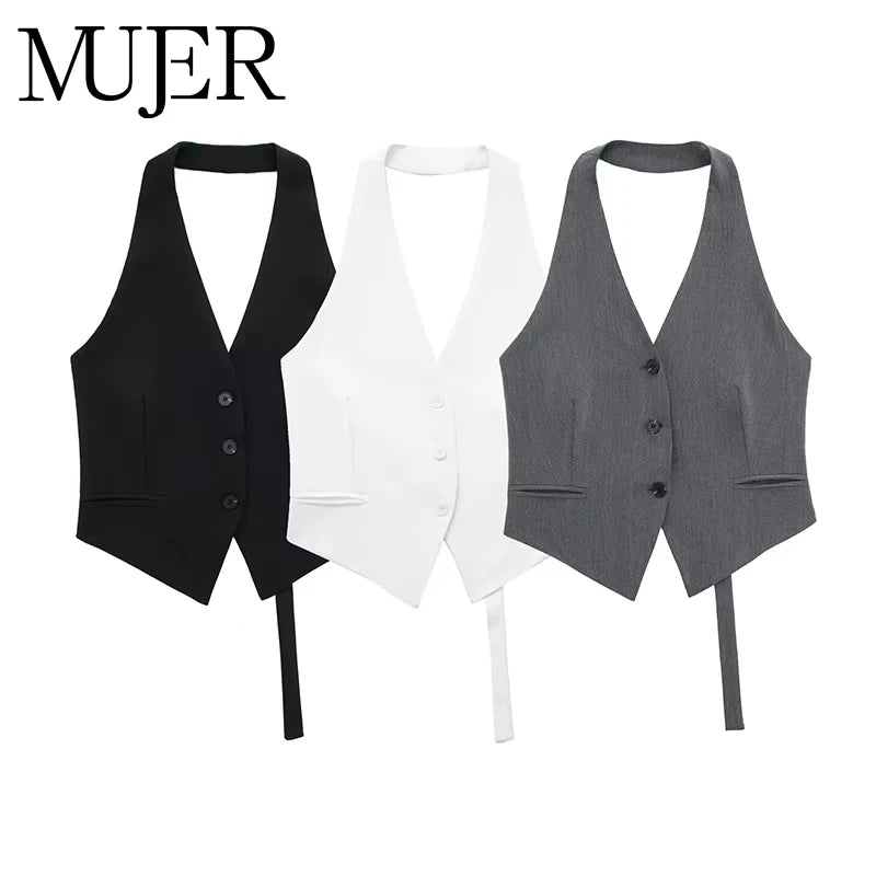 Women’s Crop Vest – Off Shoulder, Sleeveless, V‑Neck, Backless Summer Waistcoat