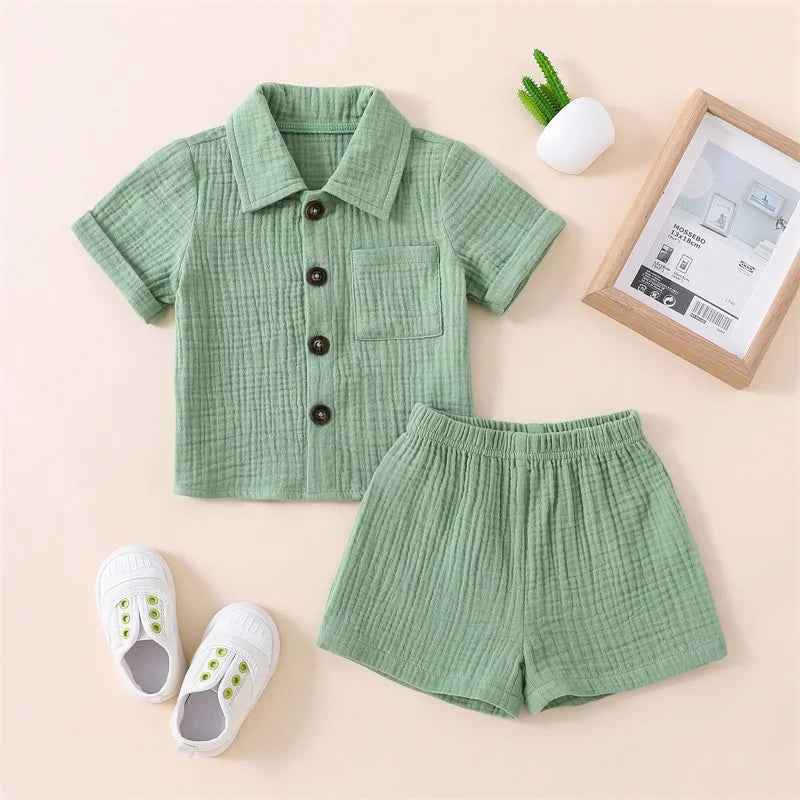 Toddler Baby 2-Piece Summer Set – Button Down Lapel Shirt & Shorts (0–3Y)