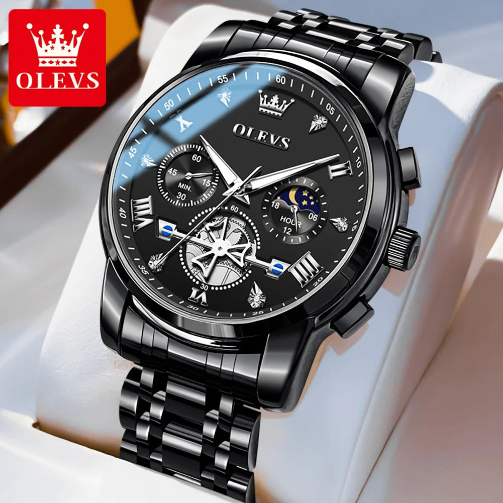 OLEVS 2856 Quartz Watches for Men Fashion Flywheel Design Chronograph Waterproof Luminous Calendar Moon Phase Men's Wristwatches