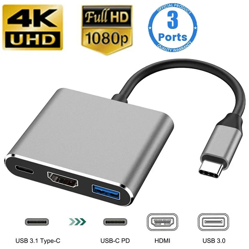 Compact 3-in-1 USB-C Hub with HDMI Adapter USB 3.0 Docking Station MacBook Air Converter for Enhanced Connectivity
