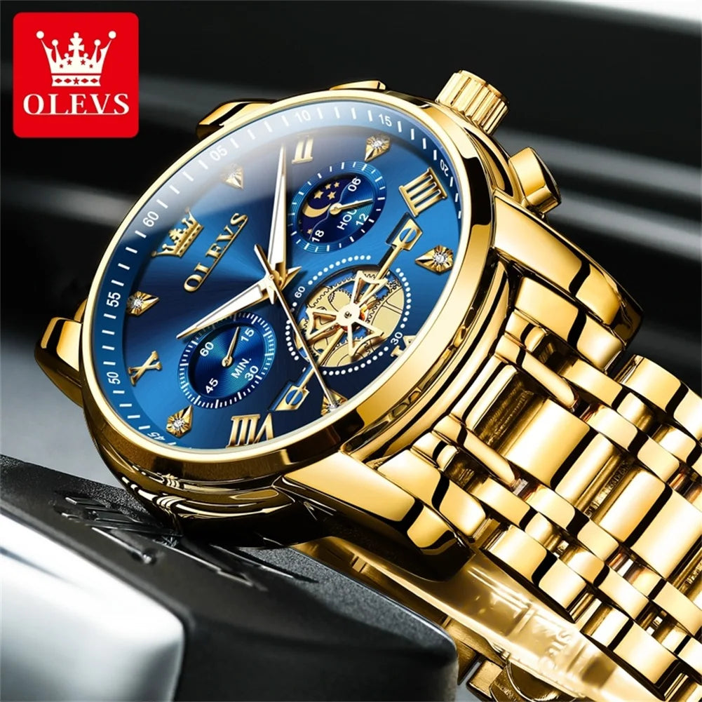 OLEVS 2856 Quartz Watches for Men Fashion Flywheel Design Chronograph Waterproof Luminous Calendar Moon Phase Men's Wristwatches