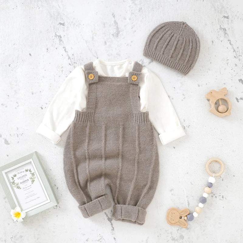 Baby Knit Romper Set with Hat – Sleeveless Solid Jumpsuit, Unisex (0–24M)