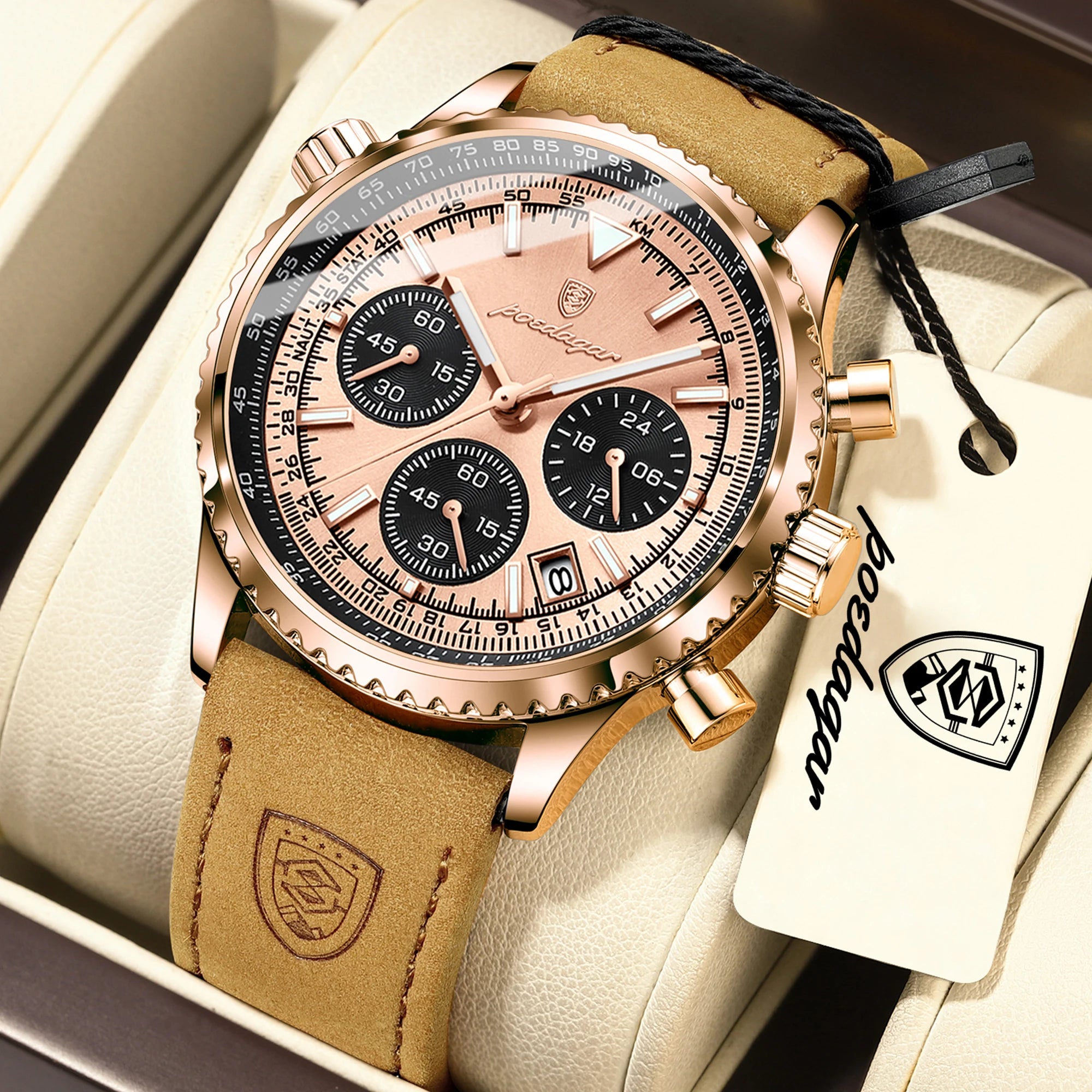 POEDAGAR Business Men Wristwatch Waterproof Luminous Date Chronograph Sport Man Clock Leather Quartz Fashion Men's Watches Reloj
