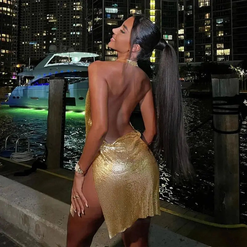 Women’s Elegant Sequin Party Dress – Halter Neck, Backless, Short Dance Style
