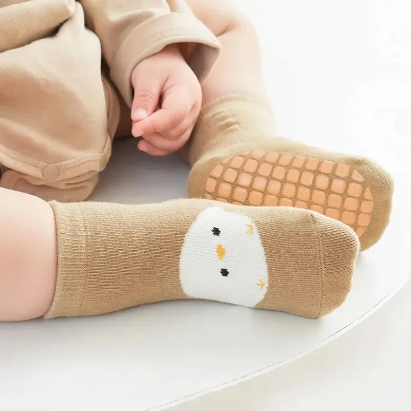 Kids' Non-Slip Floor Socks – Cartoon Fox & Bear Print, 6 Pairs (Toddler 1–4Y)