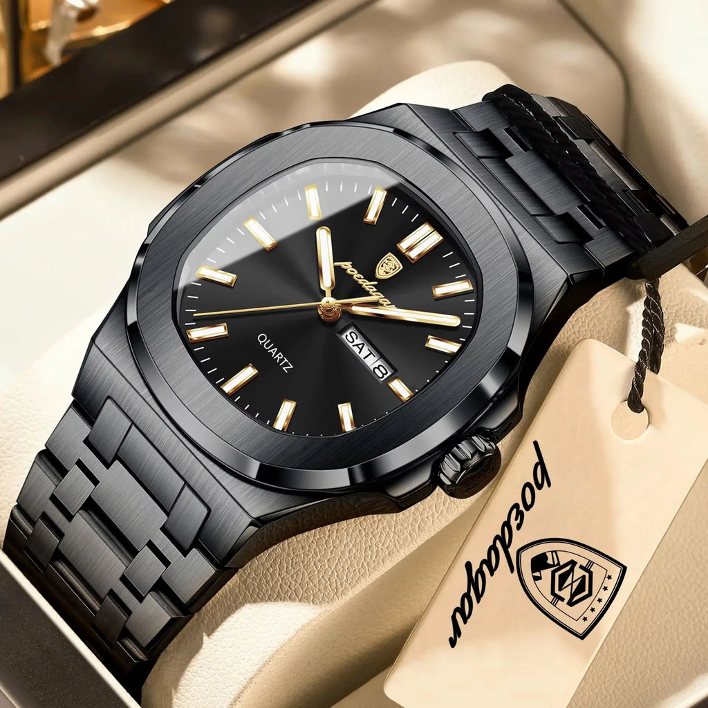 POEDAGAR Square Luxury Men Clock Waterproof Luminous Date Week Quartz Man Wristwatch Stainless Steel Fashion Men's Watches Reloj