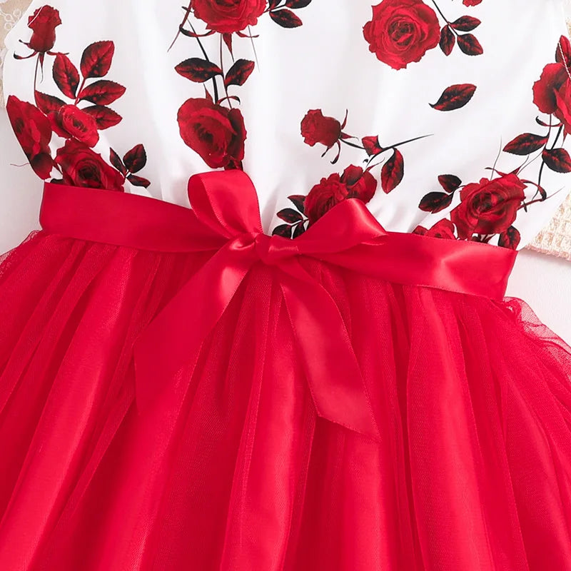 Girls' Formal Rose Floral Tulle Dress – Ruffled Sleeves with Belt (8–12Y)