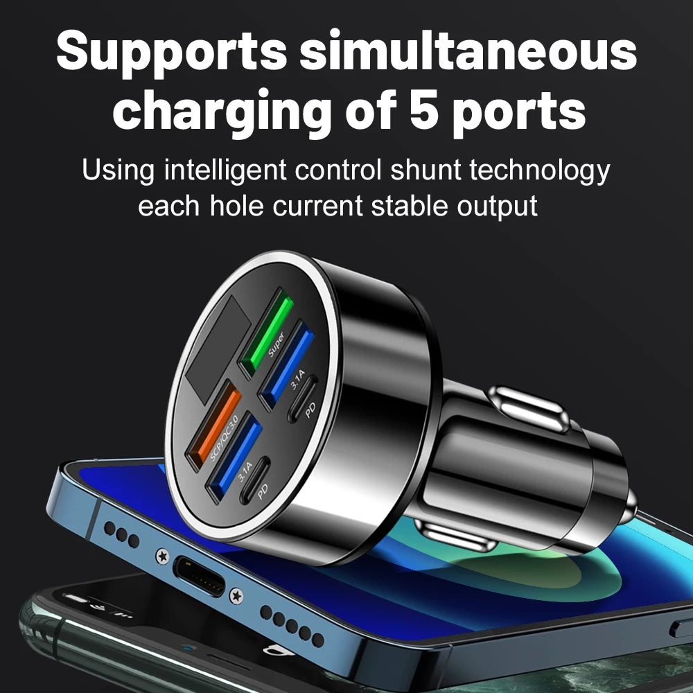 6 In 1 Car Charger Total 100W Super Fast Charging Multi-port Voltage Car With Vehicle Digital Display Mobile car Phone Charger