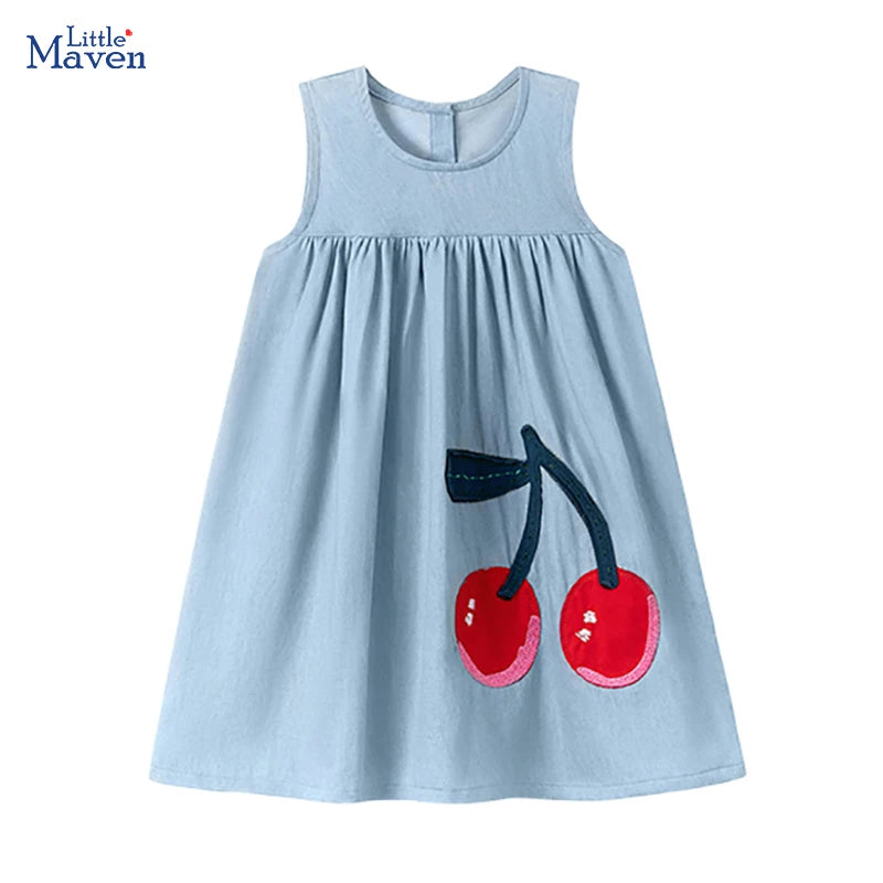 Girls' Cherry Denim Sleeveless Dress – Casual Summer A-Line Dress (2–7Y)