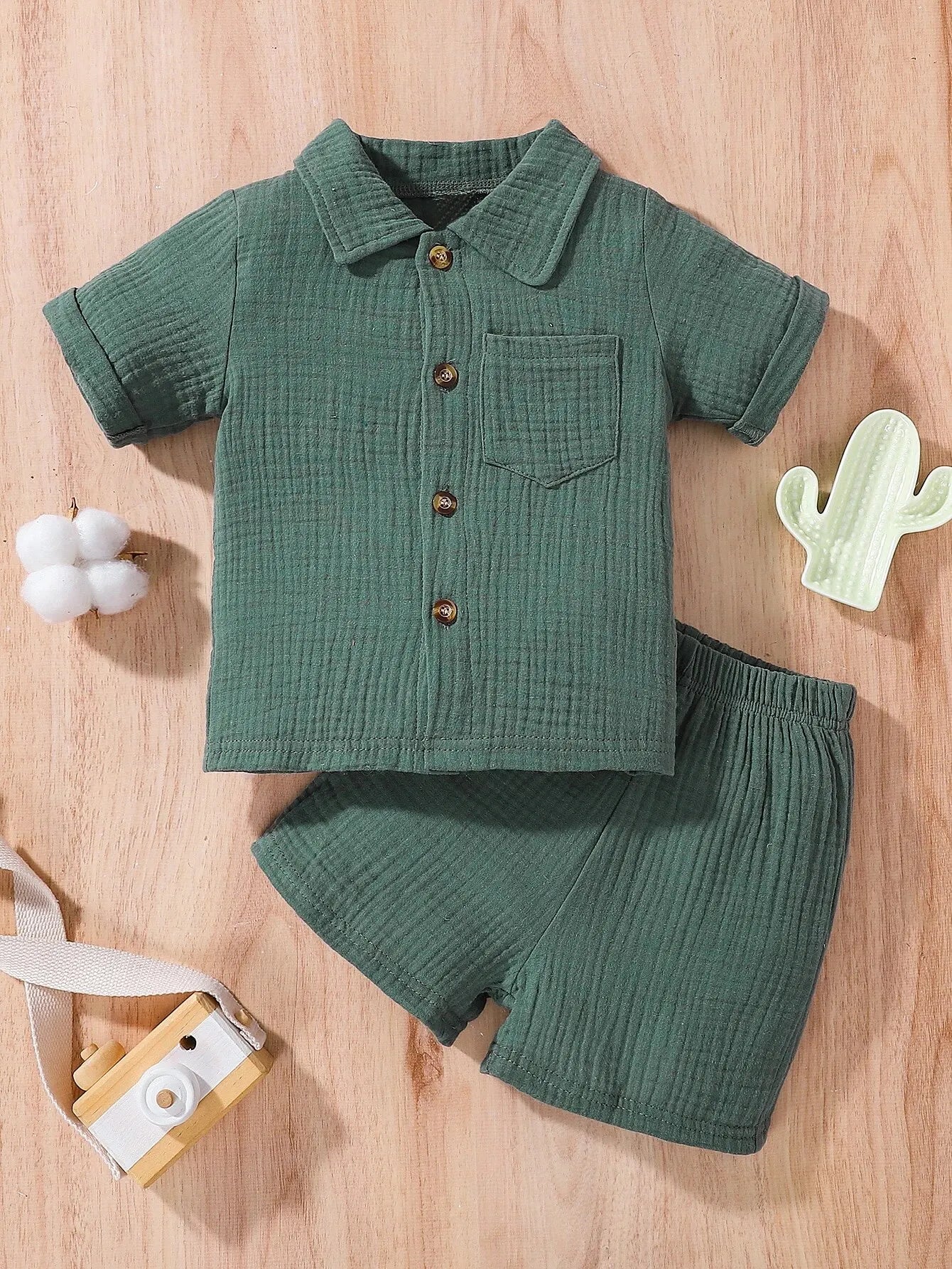 Kids' Cotton Shirt & Shorts Set – Solid Color Unisex Summer 2-Piece (0–3Y)