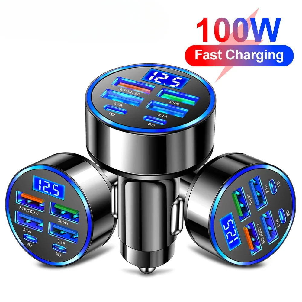 6 In 1 Car Charger Total 100W Super Fast Charging Multi-port Voltage Car With Vehicle Digital Display Mobile car Phone Charger
