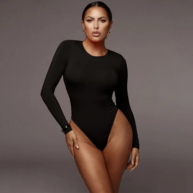 Women’s Bodysuit – O‑Neck, Long Sleeve, Solid Color Casual Top
