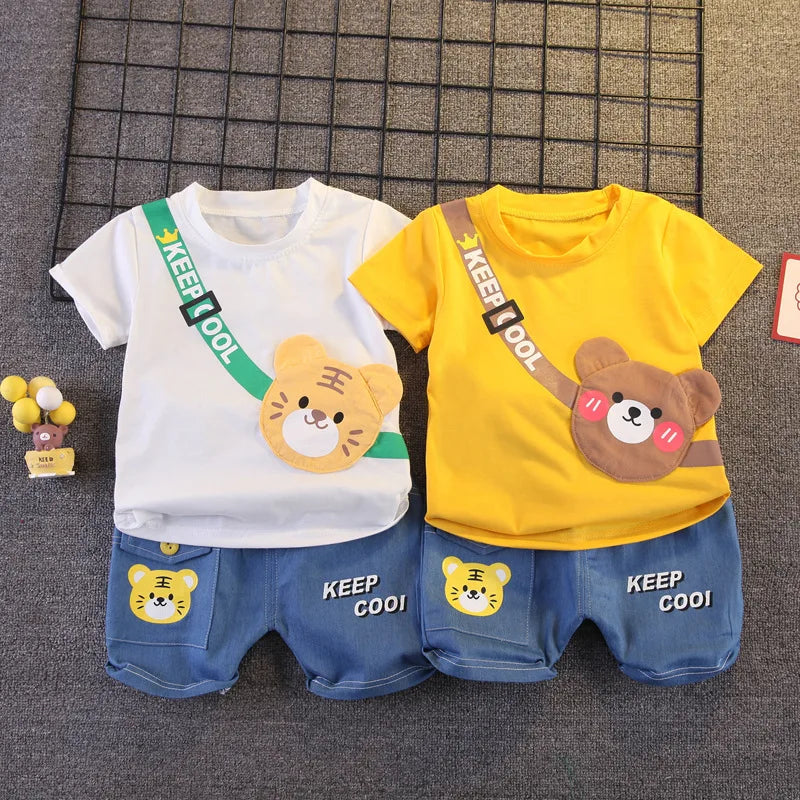 Baby Boys' Summer 2-Piece Set – Cartoon Bear Cotton T-Shirt & Shorts (9M–5T)