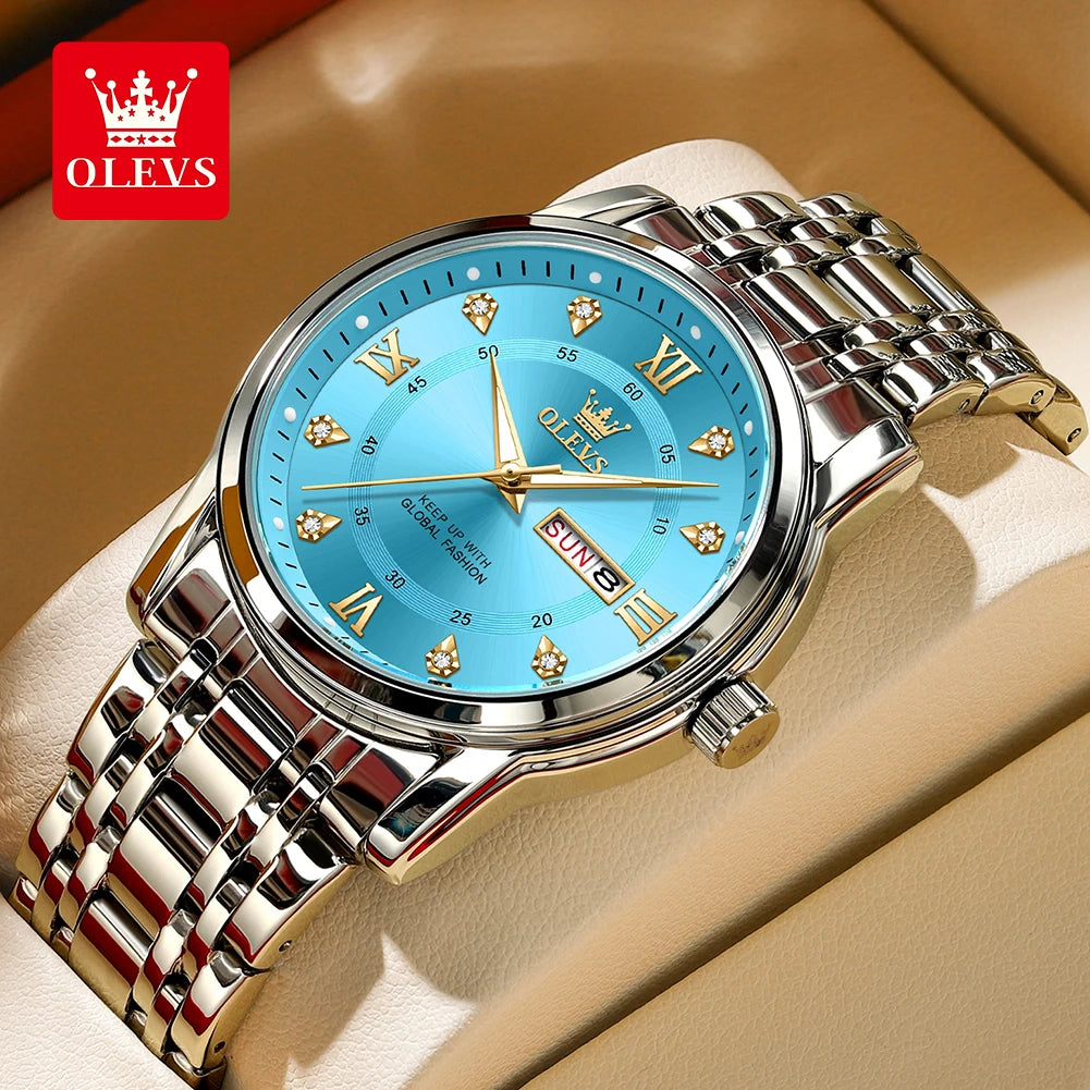 OLEVS 5513 Mens Watch Original Fashion Brand Quartz Waterproof Luminous Watch For Man Stainless Steel Dual Calendar Watch Box