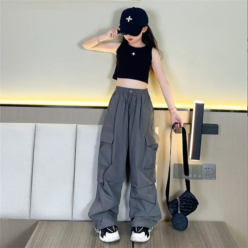Girls' Cargo Jogger Pants – Loose Straight Streetwear Trousers with Pockets (Ages 5–14)