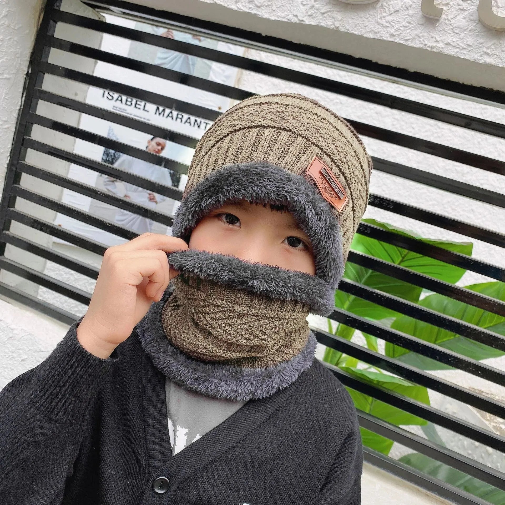 Children's Hats Winter Velvet Warm Neck Brace Two-Piece Hat Men's And Women's Treasure Outdoor Thickened Knitted Beanie
