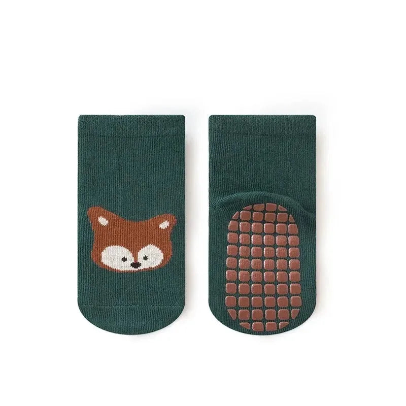 Kids' Non-Slip Floor Socks – Cartoon Fox & Bear Print, 6 Pairs (Toddler 1–4Y)
