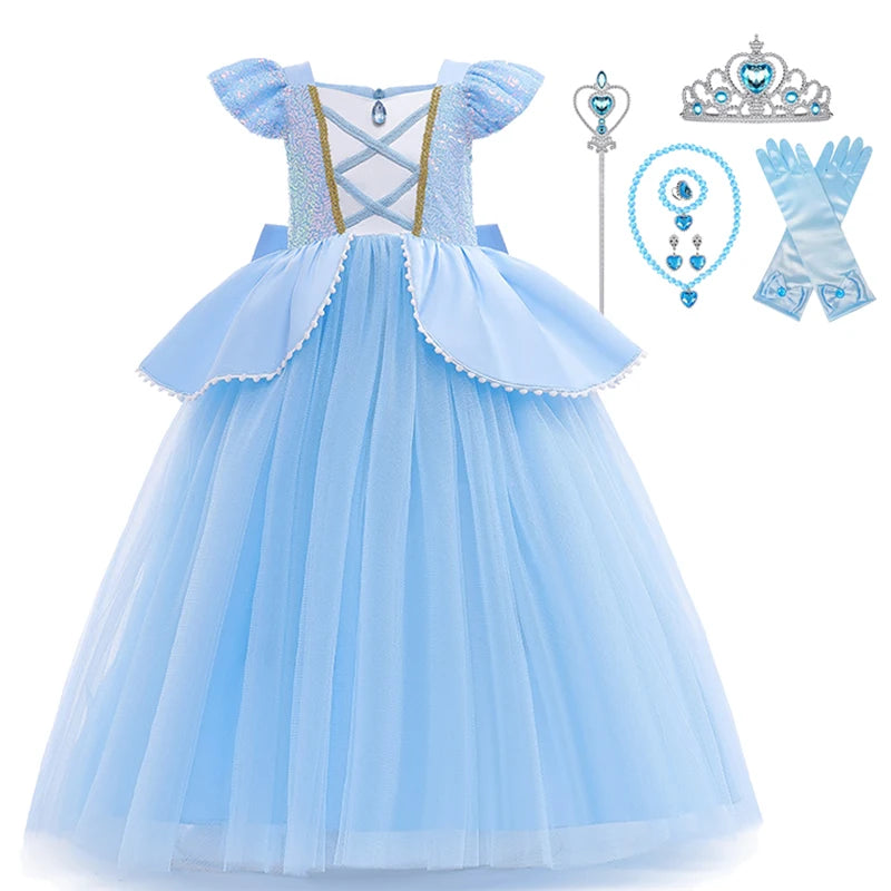 Girls' Cinderella Sequin Princess Dress – Costume with Crown & Gloves (2–10Y)